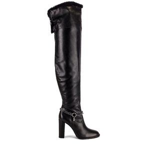 Dundas x Revolve Kate Boots Black Leather Fur Chain